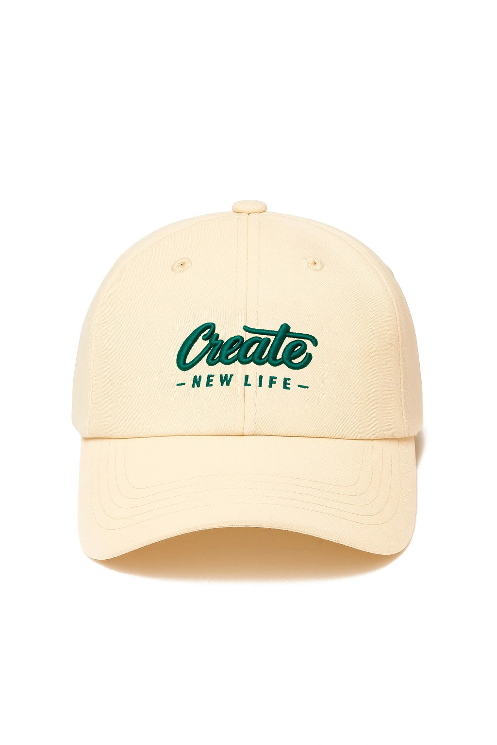 bone-aba-curva-create-new-life-frente-bege-leve-respiravel-toque-suave-sensacao-leve-ajuste-preciso-conforto-padrao-formato-estavel-nao-deforma-aba-rigida-shape-perfeito-qualidade-premium